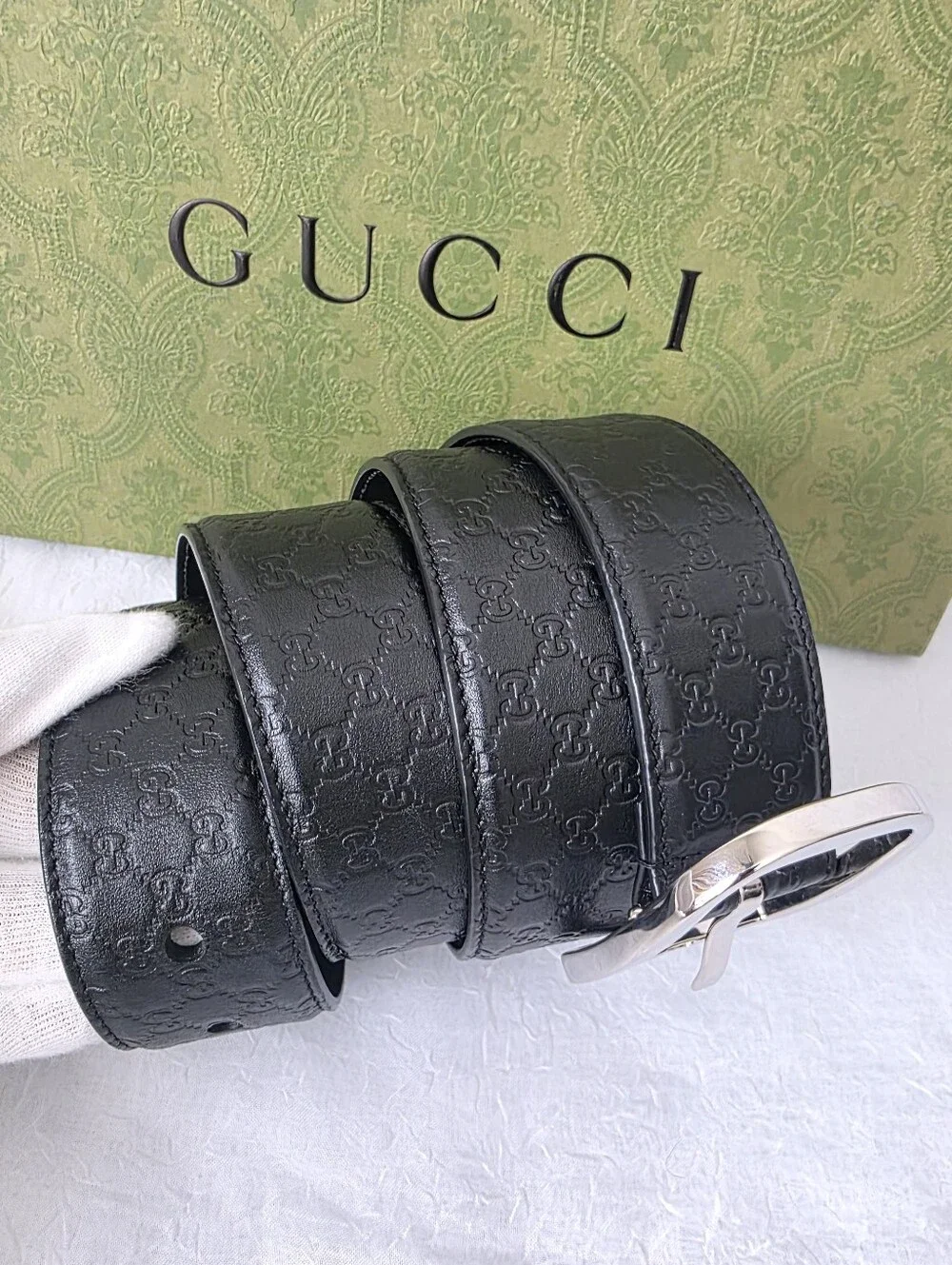 Auth Gucci Guccissima Men Black Leather Belt with Silver Buckle - Picture 2 of 12